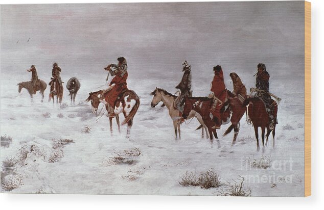 Lost In A Snow Storm We Are Friends 1888 Wood Print featuring the painting Lost in a Snow Storm We Are Friends by Charles Marion Russell