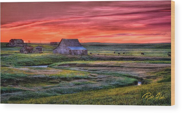 Natural Forms Wood Print featuring the photograph North Dakota Farm at Sunrise by Rikk Flohr