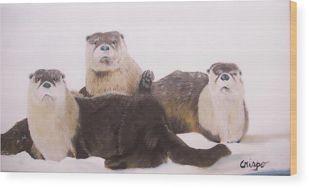 Otters Wood Print featuring the painting Otters. by Jean Yves Crispo