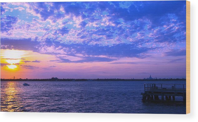 Rockaway Point Wood Print featuring the photograph Rockaway Point Dock Sunset Violet Orange by Maureen E Ritter