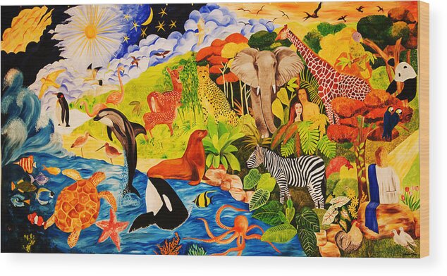 Bible Wood Print featuring the painting Seven Days of Creation I by Sushobha Jenner