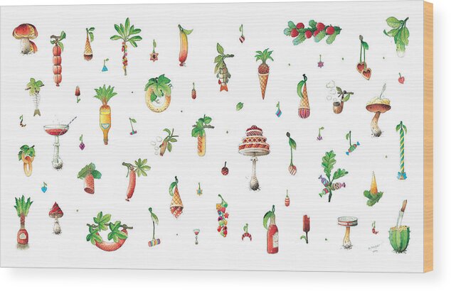 Dainty Kitchen Vegetable Kickshaw Food Wood Print featuring the painting Titbit by Kestutis Kasparavicius
