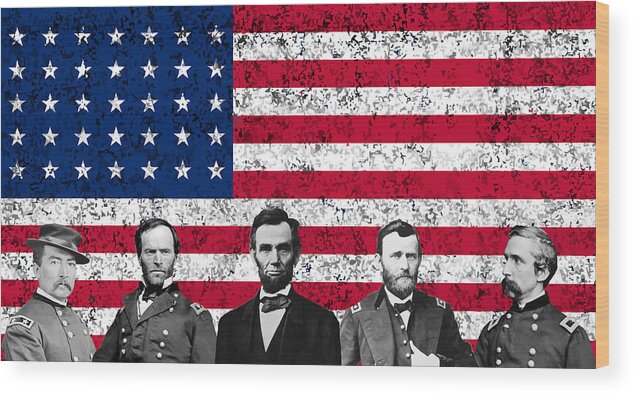 Abraham Lincoln Wood Print featuring the mixed media Union Heroes and The American Flag by War Is Hell Store
