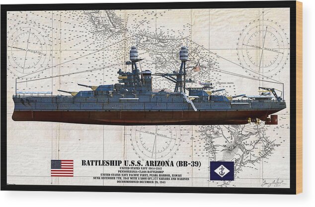 Batttleship Wood Print featuring the digital art USS Arizona BB-39 Profile Art by Tommy Anderson