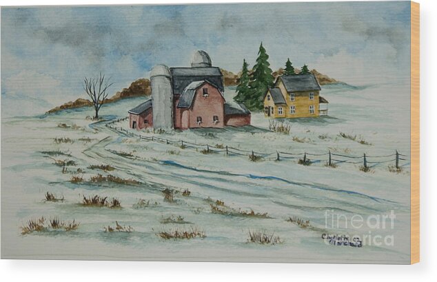 Winter Scene Paintings Wood Print featuring the painting Winter Down On The Farm by Charlotte Blanchard