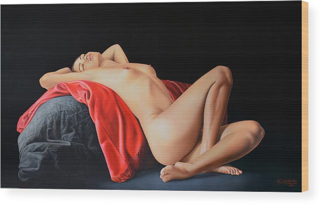 Nude Wood Print featuring the painting Woman Resting on a Red Cloth by Horacio Cardozo