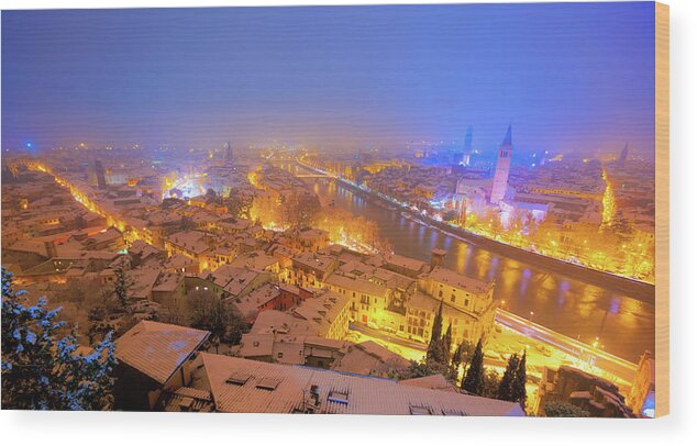 Scenics Wood Print featuring the photograph Verona By Night Under The Snow In Winter #1 by Moreiso