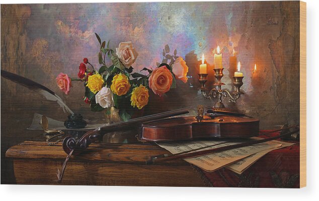 Flowers Wood Print featuring the photograph Still Life With Violin And Flowers #2 by Andrey Morozov