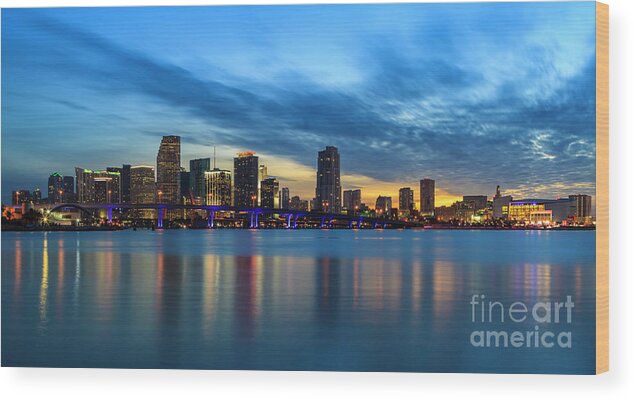 Biscayne Bay Wood Print featuring the photograph Miami Sunset Skyline by Raul Rodriguez