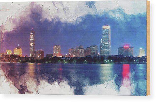 Boston Wood Print featuring the painting Boston, Panorama - 16 by AM FineArtPrints