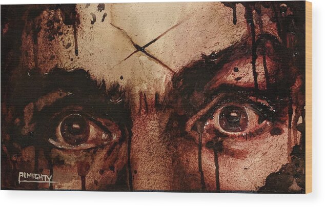 Ryan Almighty Wood Print featuring the painting CHARLES MANSONS EYES fresh blood by Ryan Almighty