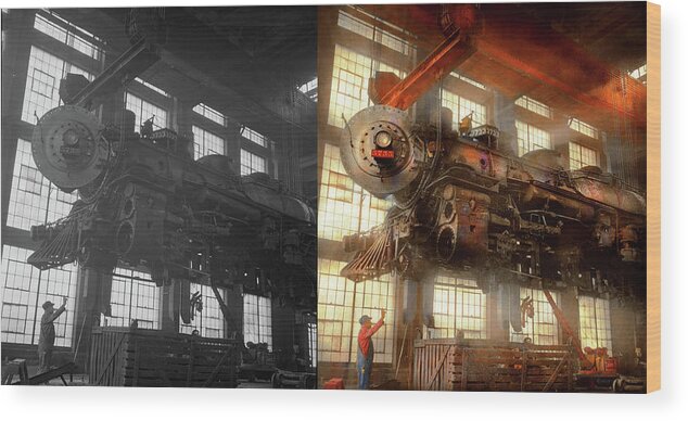 Train Art Wood Print featuring the photograph Locomotive - Repair - Flying trains hidden dangers 1943 - Side by Side by Mike Savad