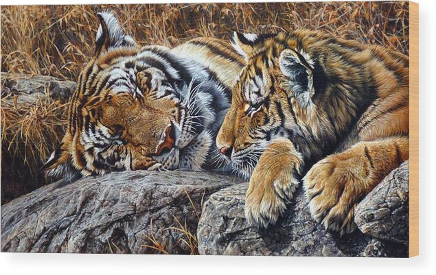 Tiger Wood Print featuring the painting Sleepers - Tiger and Cub by Alan M Hunt