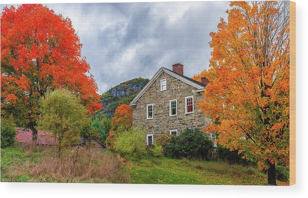 Stone House In Autumn Wood Print featuring the photograph Stone House In Autumn by Mark Papke
