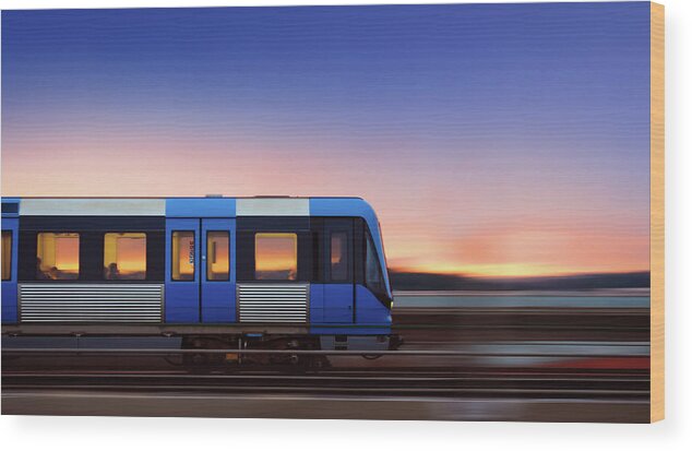 Train Wood Print featuring the photograph Subway Train In Profile Crossing Bridge by Olaser