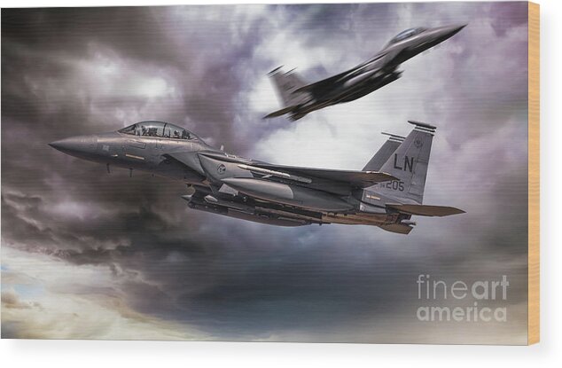 F15 Wood Print featuring the digital art Two F-15E Strike Eagle passing in storm clouds by Simon Bratt