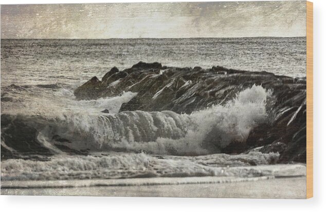 Ocean Wood Print featuring the photograph Waves At The Jetty by Cathy Kovarik