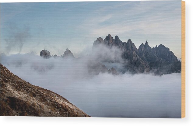 Italian Alps Wood Print featuring the photograph Mountain landscape with fog in autumn. Tre Cime dolomiti Italy. by Michalakis Ppalis