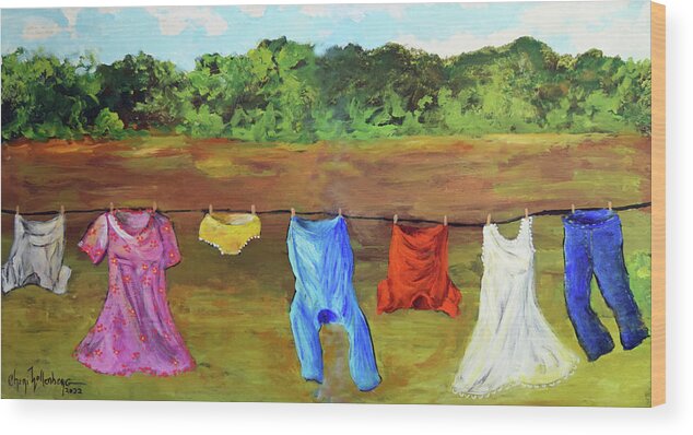 Laundry Wood Print featuring the painting A Windy Clothes Line in Oklahoma - An Original by Cheri Wollenberg 2022 by Cheri Wollenberg