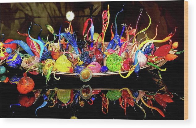 Scenery Wood Print featuring the photograph AllenbyArt Chihuly Boats Landscape Scenery of Marvelous and Colorful Objects, Photography by Nathaniel Allenby