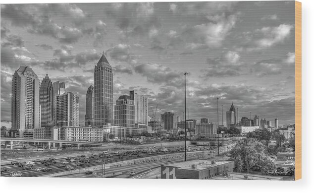 Reid Callaway Atlanta Midtown To Downtown Wood Print featuring the photograph Atlanta Midtown To Downtown B W Sunset Reflections Skyline Cityscape Architectural Art by Reid Callaway