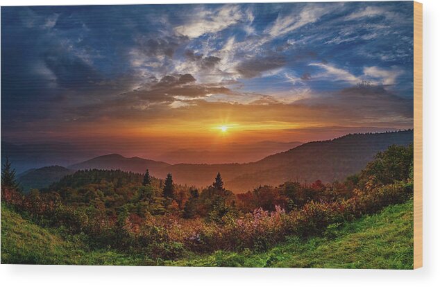 Autumn Wood Print featuring the photograph Autumn Sunset Serenity Panorama by Dan Carmichael