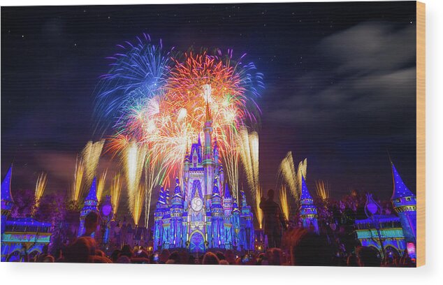 Magic Kingdom Wood Print featuring the photograph Cinderella Castle Fireworks Panorama by Mark Andrew Thomas