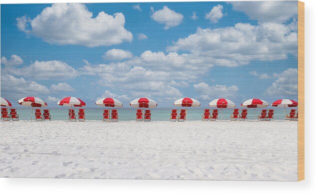 Pictures Of Destin Florida Beaches Wood Print featuring the photograph Destin, Florida Red Beach Umbrellas by Robert Bellomy