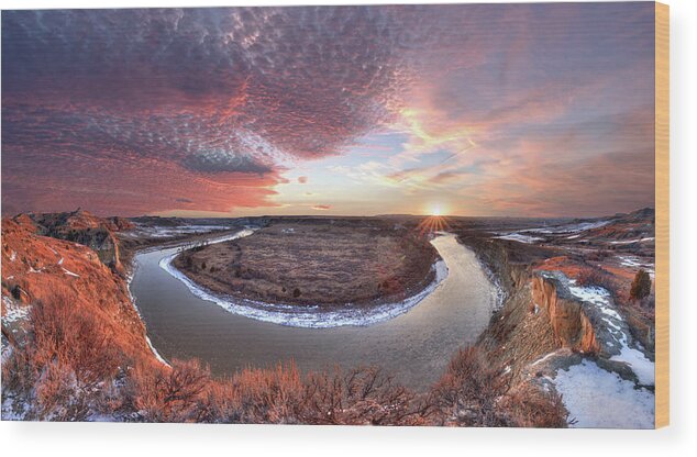 Badlands Wood Print featuring the photograph Flowing to the Sun - Sunset Panorama of Little Missouri at Wind Canyon - Badlands National Park ND by Peter Herman