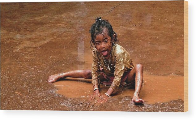Puddle Wood Print featuring the photograph Girl in the puddle of brown water by Robert Bociaga