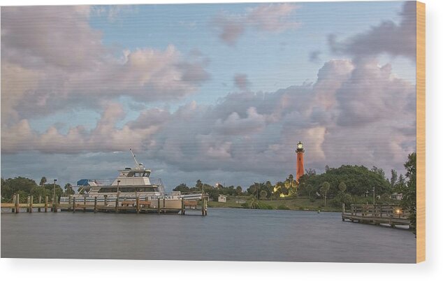 Lighthouse Wood Print featuring the photograph Jupiter Lighthouse and Blue Heron II Charter Boat by Steve DaPonte