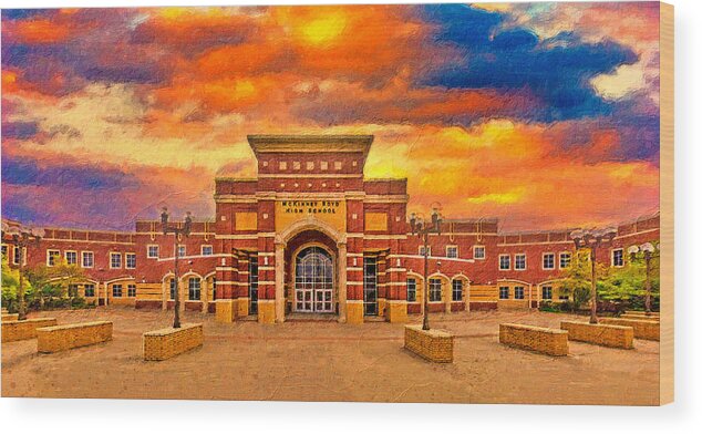 Mckinney Boyd High School Wood Print featuring the digital art McKinney Boyd High School at sunset - digital painting by Nicko Prints