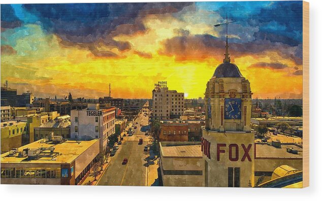 Bakersfield Wood Print featuring the digital art Panorama of downtown Bakersfield, California - watercolor painting by Nicko Prints