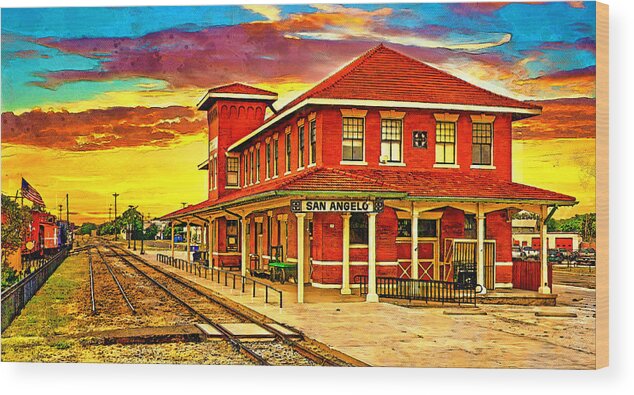 Railway Museum Wood Print featuring the digital art Railway Museum of San Angelo, Texas, at sunset - digital painting by Nicko Prints