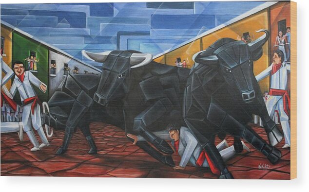 Running Of The Bulls Wood Print featuring the painting Running of the Bulls by Ruben Archuleta - Art Gallery
