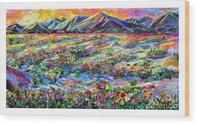 Collage Torn Paper Papers Torn-magazines Paper Mixed Media Colorful Desert Landscape High-desert Mojave Death Valley Death-valley Flower Flowers Deserts Mountain Mountainscollages Analog-collage Analog Wood Print featuring the mixed media Superbloom by Li Newton