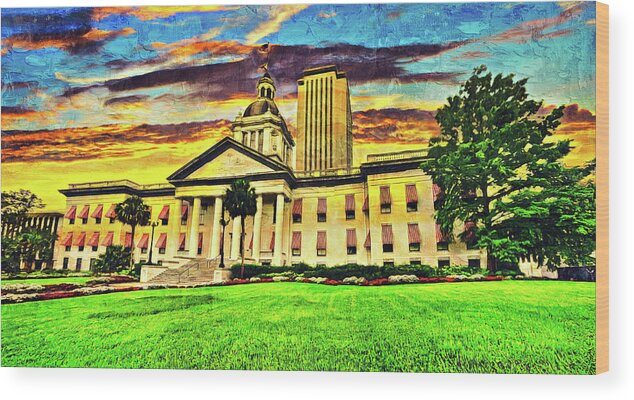 Florida State Capitol Wood Print featuring the digital art The Florida State Capitol complex in Tallahassee, at sunset - oil painting by Nicko Prints