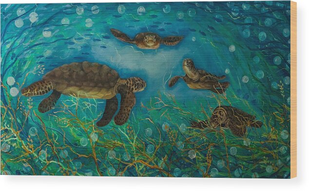 Turtles Wood Print featuring the painting The Gathering by Barbara Landry