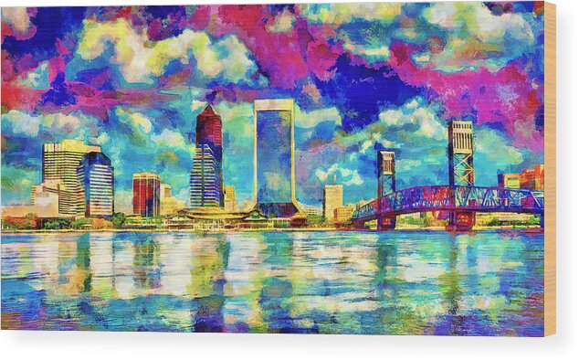 Downtown Jacksonville Wood Print featuring the digital art The waterfront of downtown Jacksonville, Florida - colorful painting by Nicko Prints