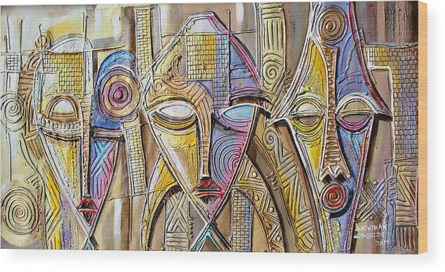 Africa Wood Print featuring the painting Three African Faces by Paul Gbolade Omidiran