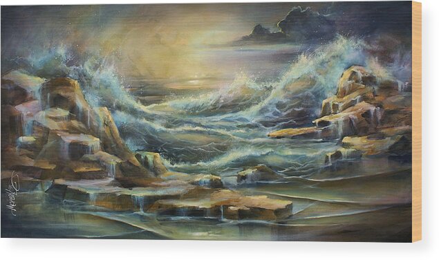 Seascape Wood Print featuring the painting ' Ontario Evening ' by Michael Lang