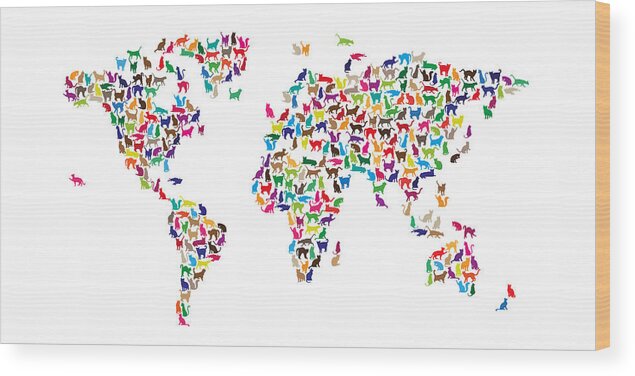 World Map Wood Print featuring the digital art Cats Map of the World Map #3 by Michael Tompsett