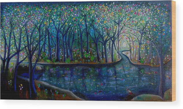 Abstract Wood Print featuring the painting Glistening Forest Lake by Shirley Smith