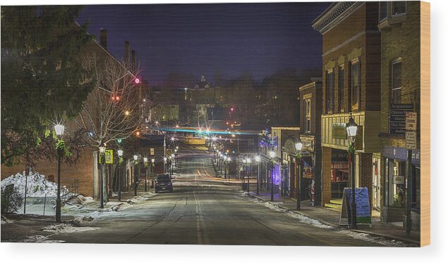 Street Lights Main Street Maine Christmas Night Bath Holiday Snow New England Coast Hufstader Wood Print featuring the pyrography Centre Street by David Hufstader