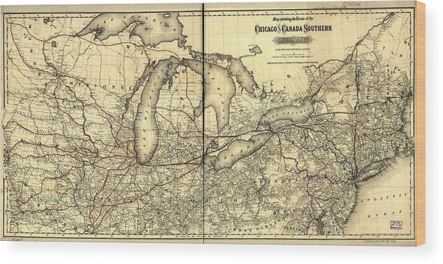 Vintage Wood Print featuring the photograph Chicago and Canada Southern Railway Route Map by Georgia Clare