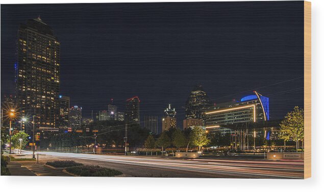 Dallas Wood Print featuring the photograph Dallas Night Skyline from Klyde Warren Park by Todd Aaron