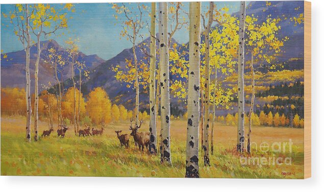 Elk Herd Wood Print featuring the painting Elk Herd In Aspen Grove by Gary Kim
