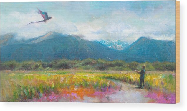 Landscape Wood Print featuring the painting Face Off - Boy facing his dragon kite by Talya Johnson