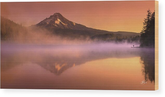Trillium Lake Wood Print featuring the photograph Fishing in the Fog by Lori Grimmett