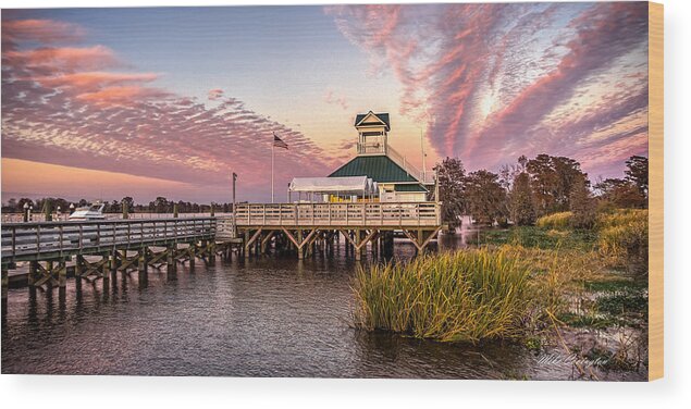 Sunset Wood Print featuring the photograph Heritage Marina Clubhouse by Mike Covington